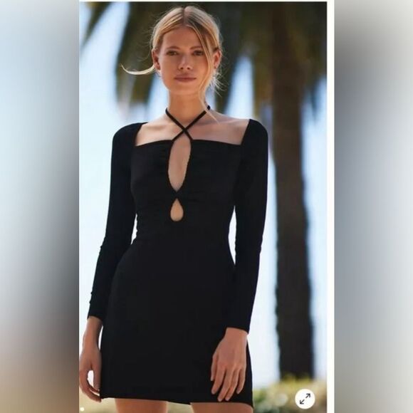 Anthropologie DOLAN Ruched-Front Keyhole Mini Dress. Black size Large EUC - Picture 1 of 8
